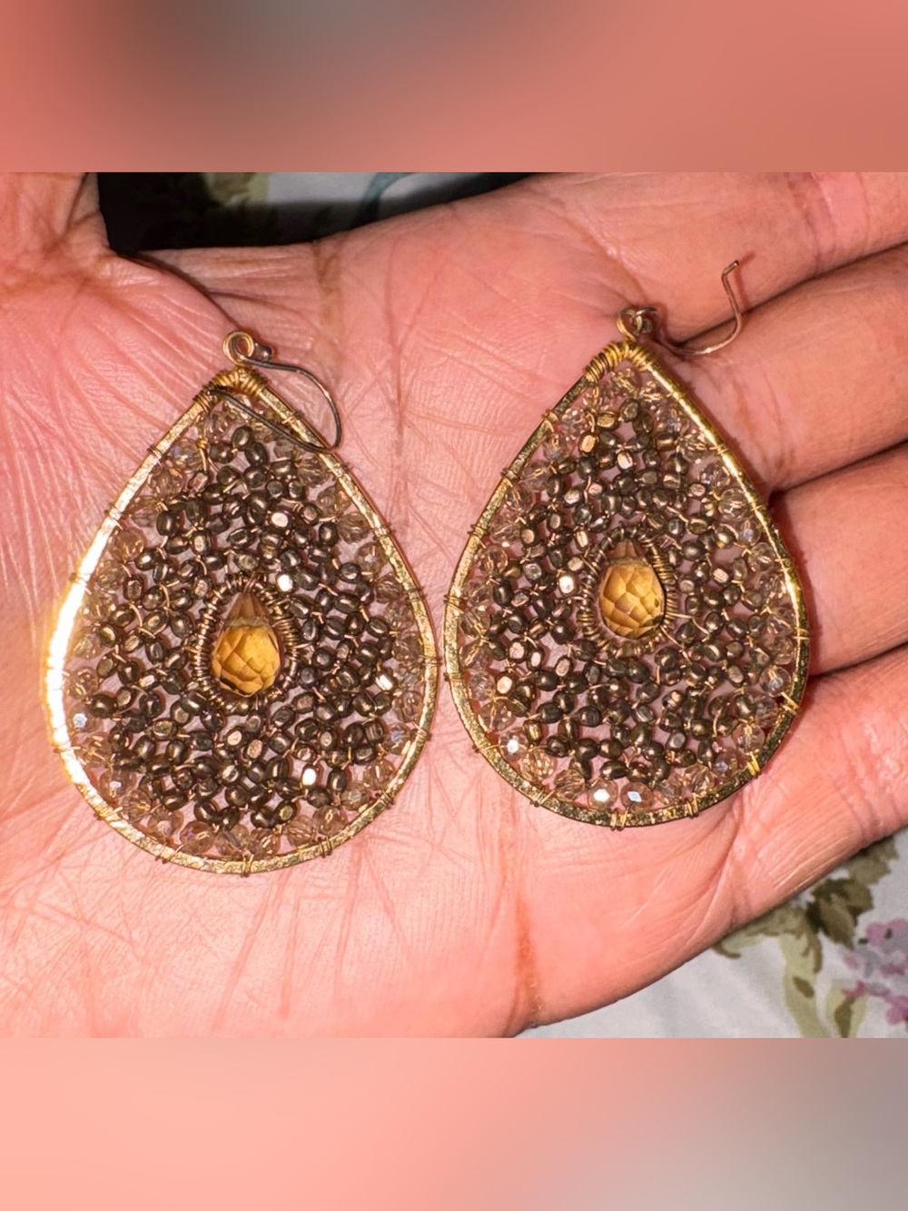 Gold-Tone Teardrop Filigree Earrings with Amber Accent